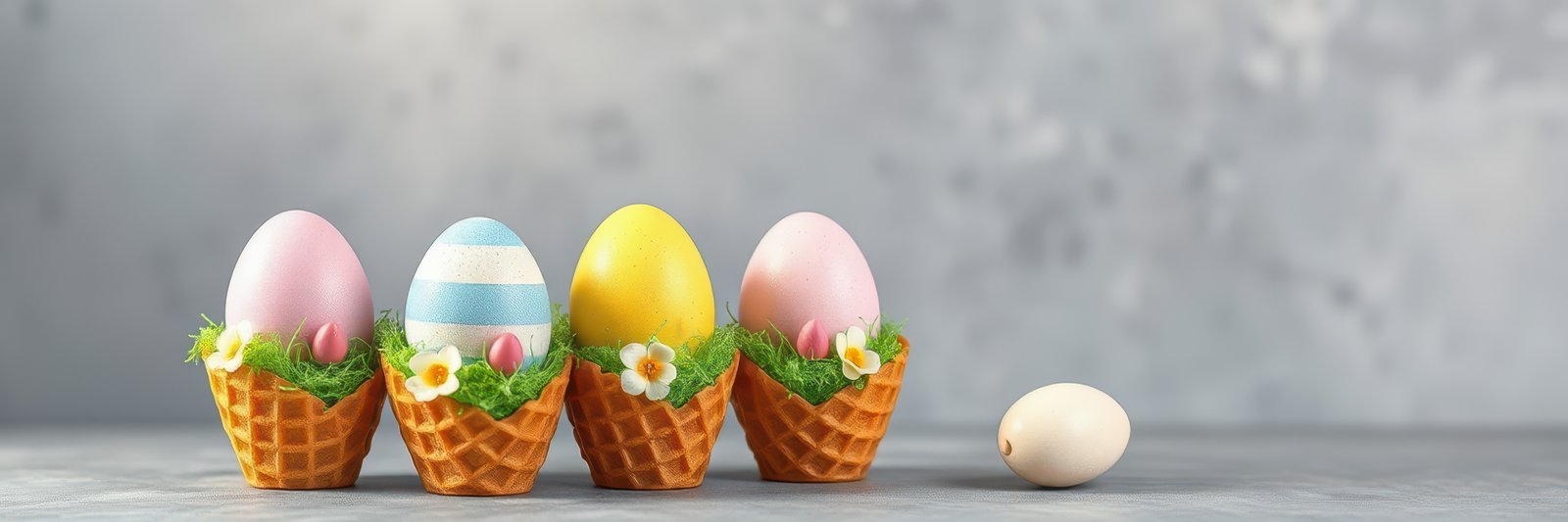 Colorful Easter eggs in waffle cones arranged on a table with decorative grass and flowers